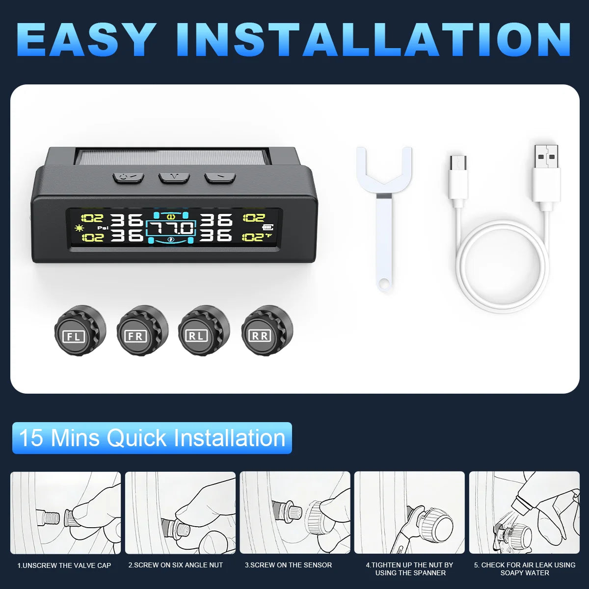 TPMS Solar/USB Charging Digital LCD Display Universal Smart Car TPMS Tyre Pressure Monitoring System 4 Or 6 Sensors Auto Security Alarm Smart Temperature Tire Air Pressure Gauge