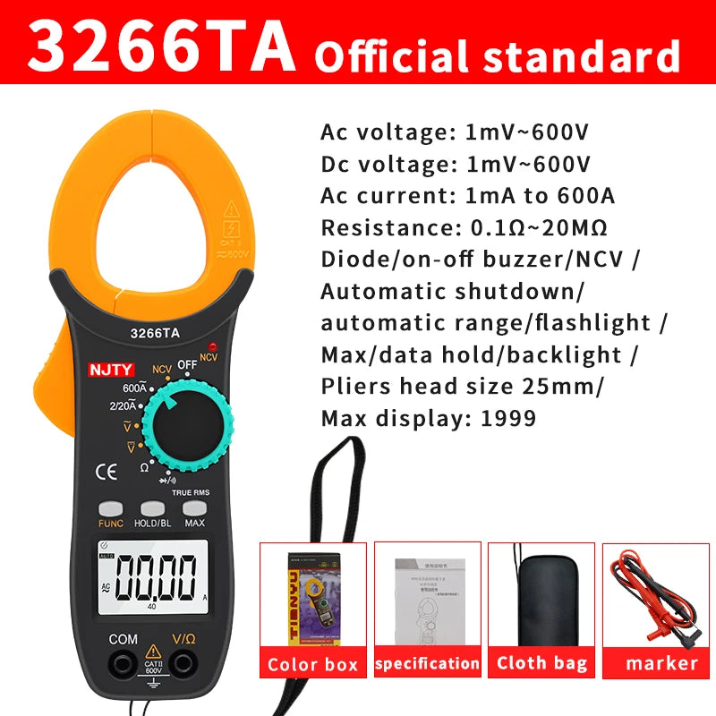 Digital Clamp Meter DC/AC Volt Amp Ohm Diode Multimeter Ammeter Multitester Current Voltage Resistance Tester NCV NJTY 3266TA