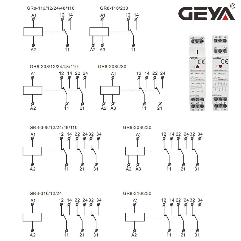 GEYA GR8-208 Auxiliary Relay Intermediate Switch 8A 2SPDT 12V 24V 48V 110V 220V RELAYS Din Rail Module