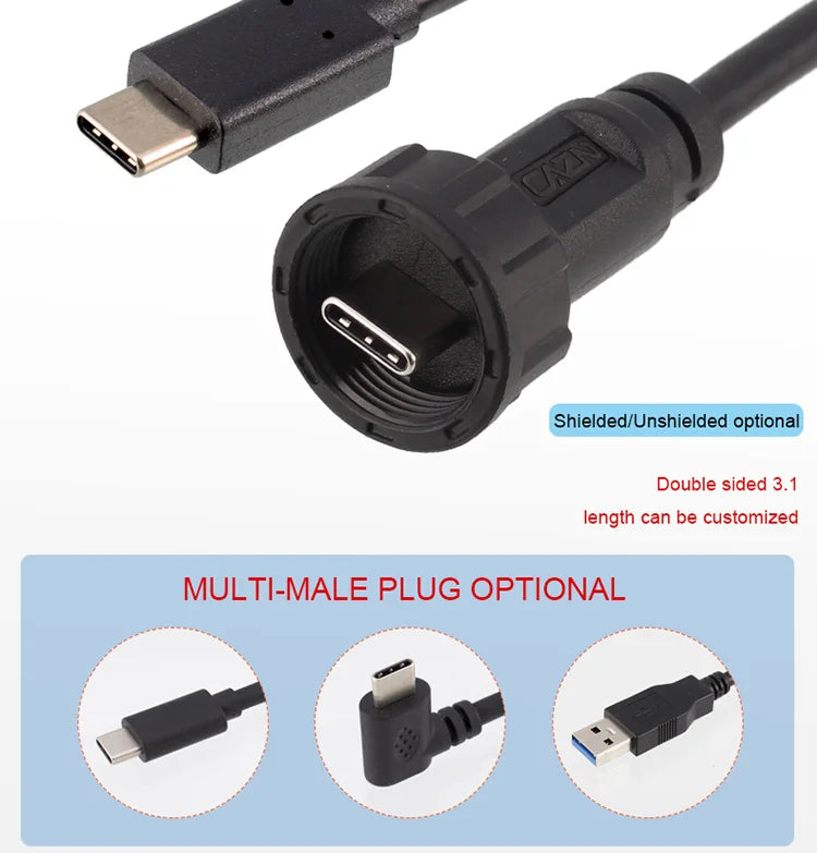 CAZN Waterproof IP67 IP68 Type C Female to Male PFC Flat Cable 3.1 Speed Threaded-type Type-C 3.1 10GB 3A 20V