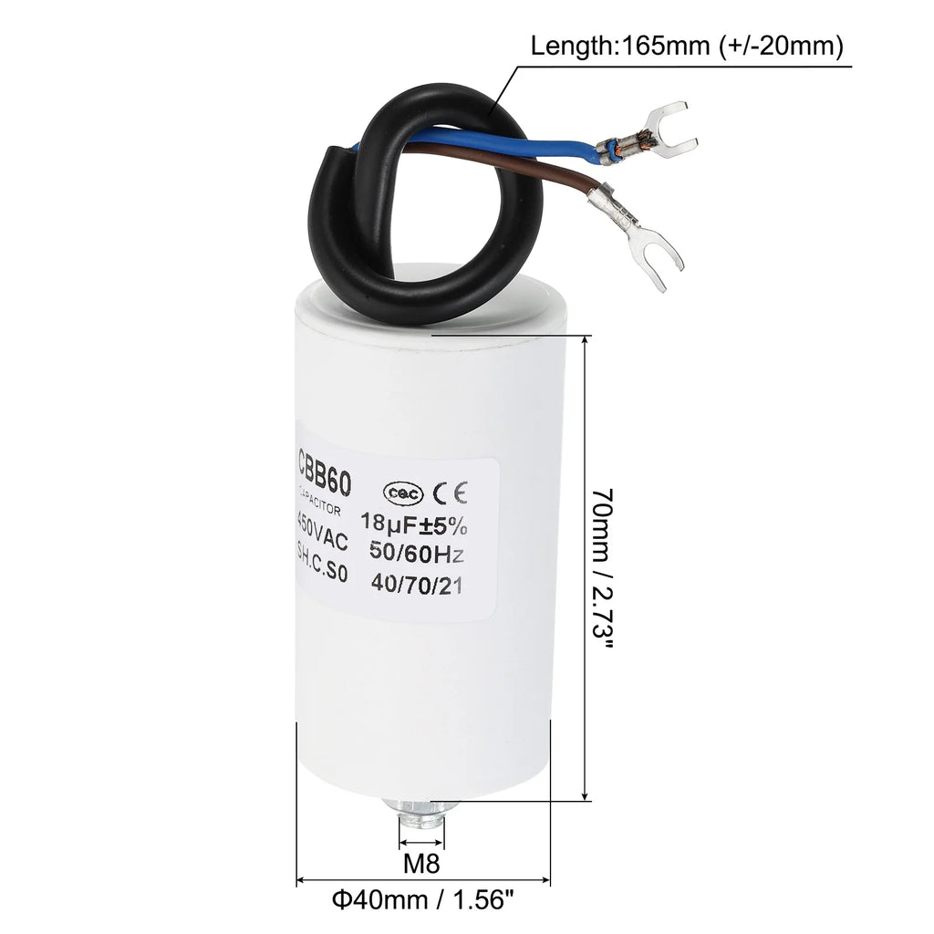 5-22uf CBB60 Run Capacitor AC 450V U Terminal Wires 50/60Hz Cylinder Bottom with M8 Screw for Washing Machine Pump Motor Star