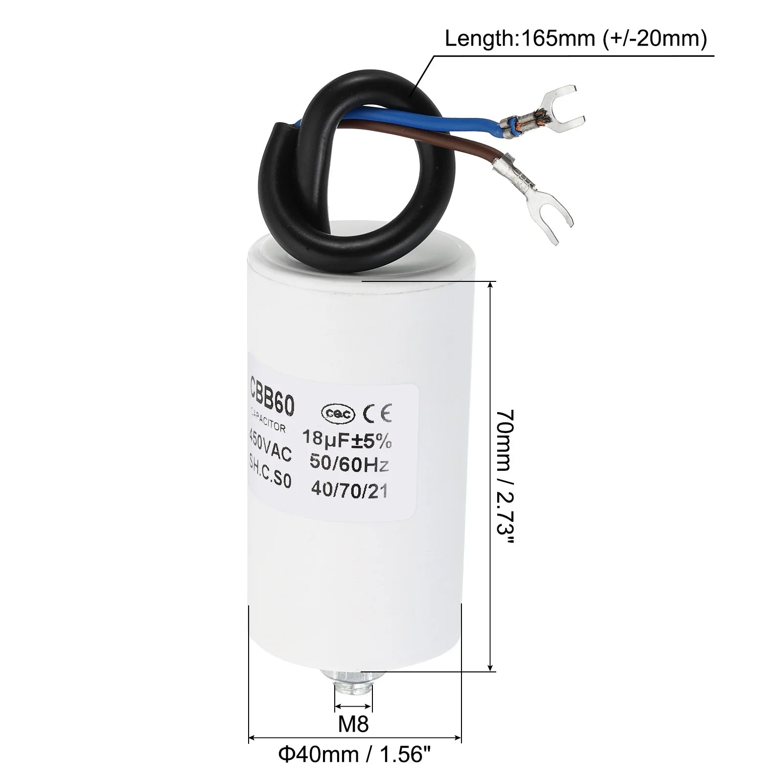 5-22uf CBB60 Run Capacitor AC 450V U Terminal Wires 50/60Hz Cylinder Bottom with M8 Screw for Washing Machine Pump Motor Star
