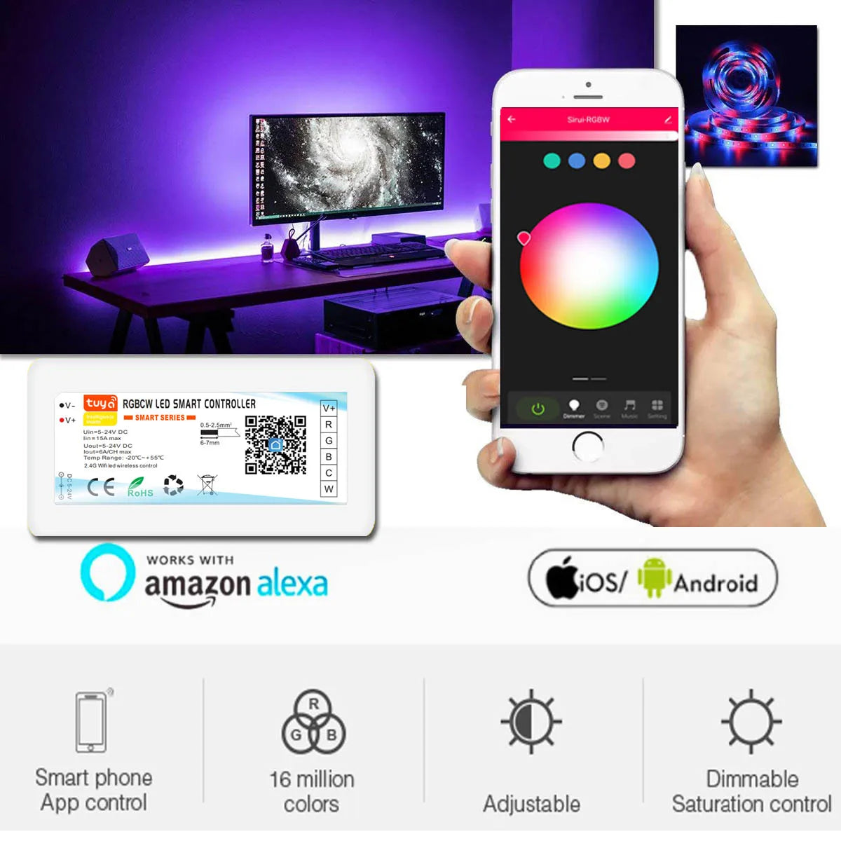 DC5-24V Tuya Wifi Wireless LED Controller Support iOs Android APP Alexa Google Voice Control for DIM CCT RGB RGBW RGBCCT Strip