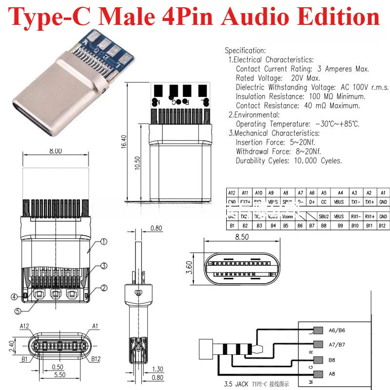 5pcs USB 3.1 Type-C Connector 24 Pins Male / Female Socket Receptacle Adapter to Solder Wire & Cable 24 Pins Support PCB Board
