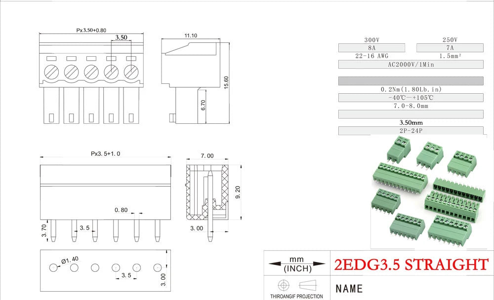 KF2EDG 3.5mm Pitch PCB Screw Terminal Block 2P 3 4 5 6 7 8 9 10 11 12 13~16Pin Male Plug Female Socket Pin Header Wire Connector