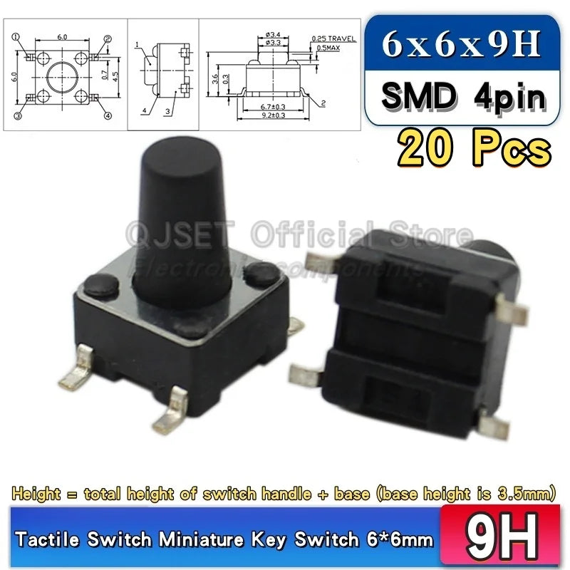 20pcs SMD Tactile Switch 6*6*4.3mm 6x6x5/6/7/8/9/10/11/12/13/14mm 6X6 4-Pin SMT Induction Oven Touch Tactile Button Micro Switch