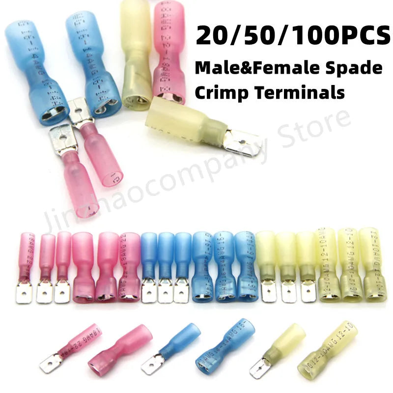 20/50/100PCS Male Female Heat Shrink Spade Crimp Terminal Waterproof Insulated Butt Electrical Wire Connector Cable Terminal Kit