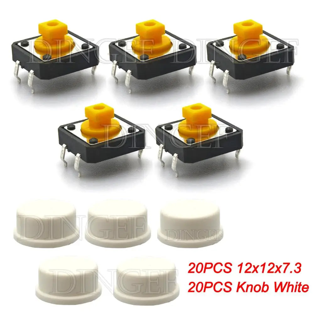 20PCS Tactile Push Button Switch Momentary 12*12*7.3MM Micro switch button with knob Yellow Green Red Kit 12x12x7.3