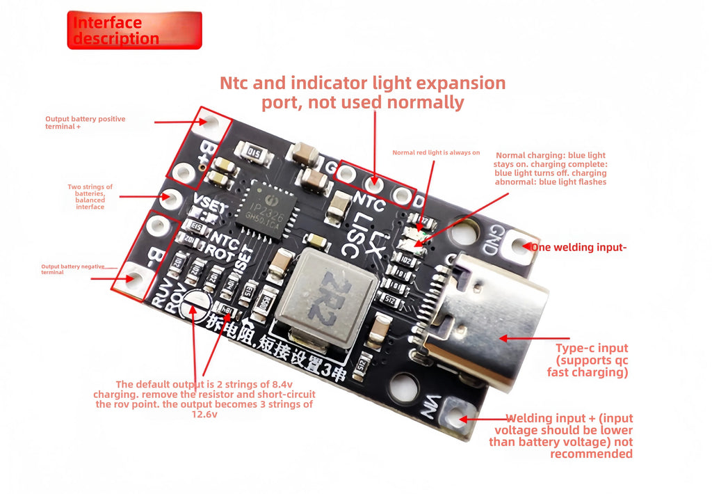 Type-C USB 2S 3S Lithium Battery Charger Module 15W with Balance Support QC Fast Charge 8.4V 12.6V 1.5A Boost Converter
