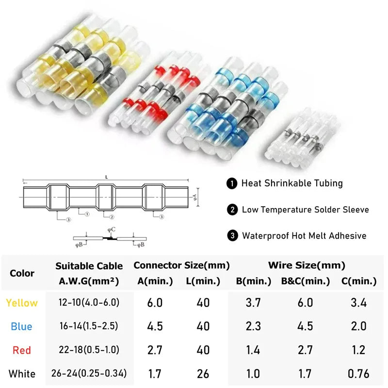 100-1000pcs Heat Shrink Solder Seal Wire Connectors Kit Waterproof Butt Electrical Terminals Insulated Shrinkage Sleeve Splice