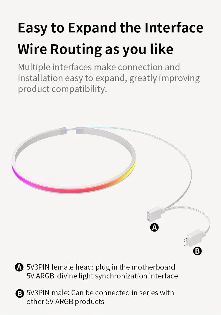 Soft Neon Addressable Rainbow PC WS2812b LED Strip Light for 5V 3pin ARGB Header PC Case Asus Aura Sync RGBIC Fusion MSI Mystic