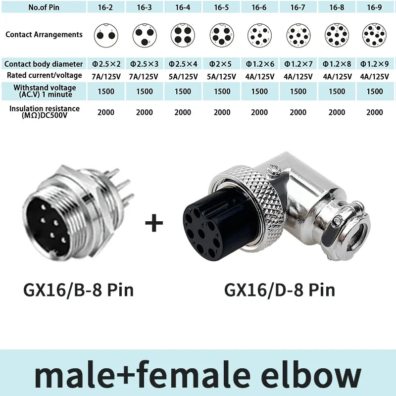 5/10 Sets GX16 2/3/4/5/6/7/8/9 Pin Aviation Connector Male Female 90 Degree Right Angle M16 Circular Cable Plug Socket