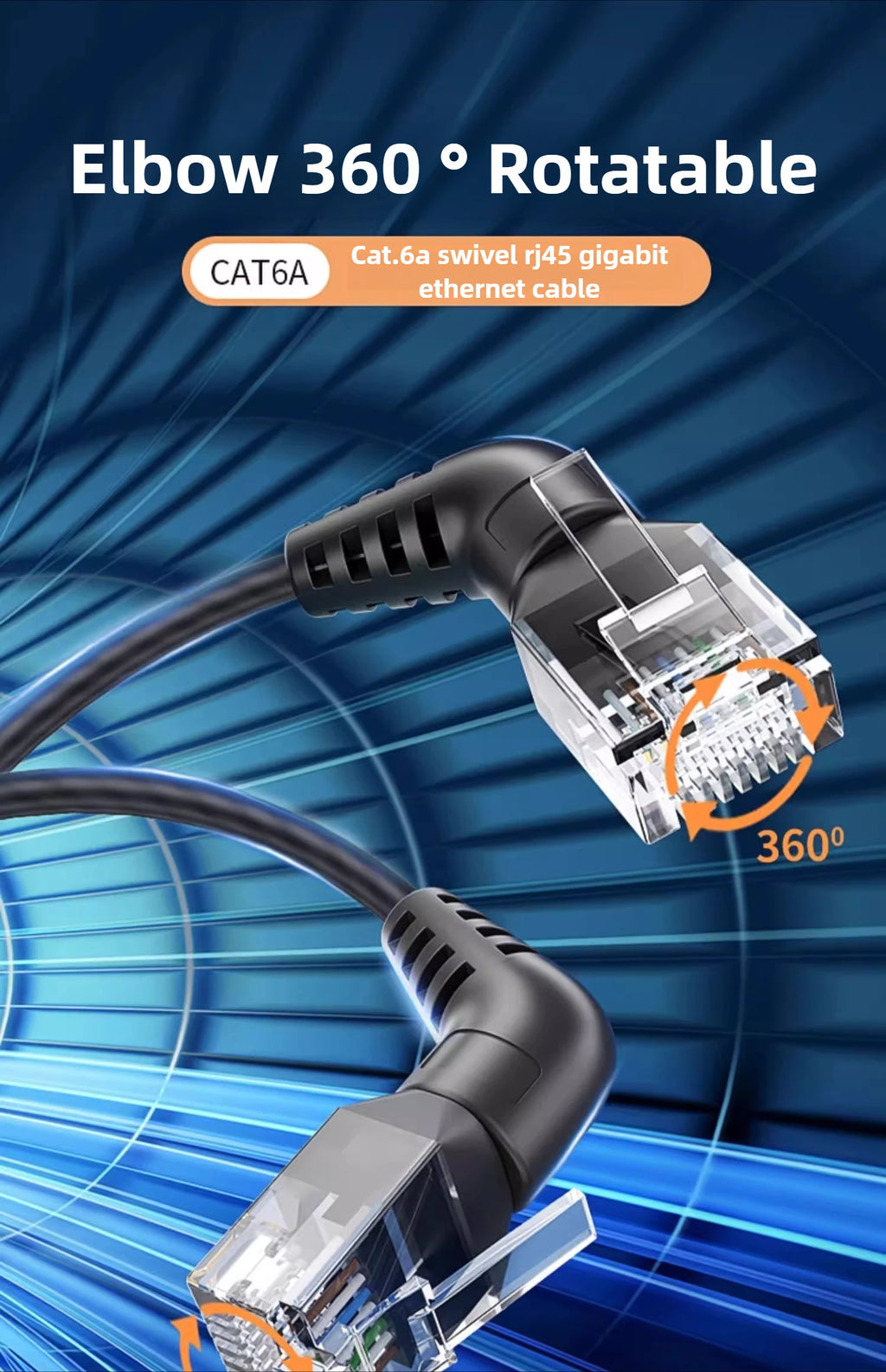 Swivel Bend Cat6a/Cat6/Cat6 Network Cable 10G X 104M Finished Jumper Fine 360° Right Angle RJ45 Connector High-Speed Data Transf
