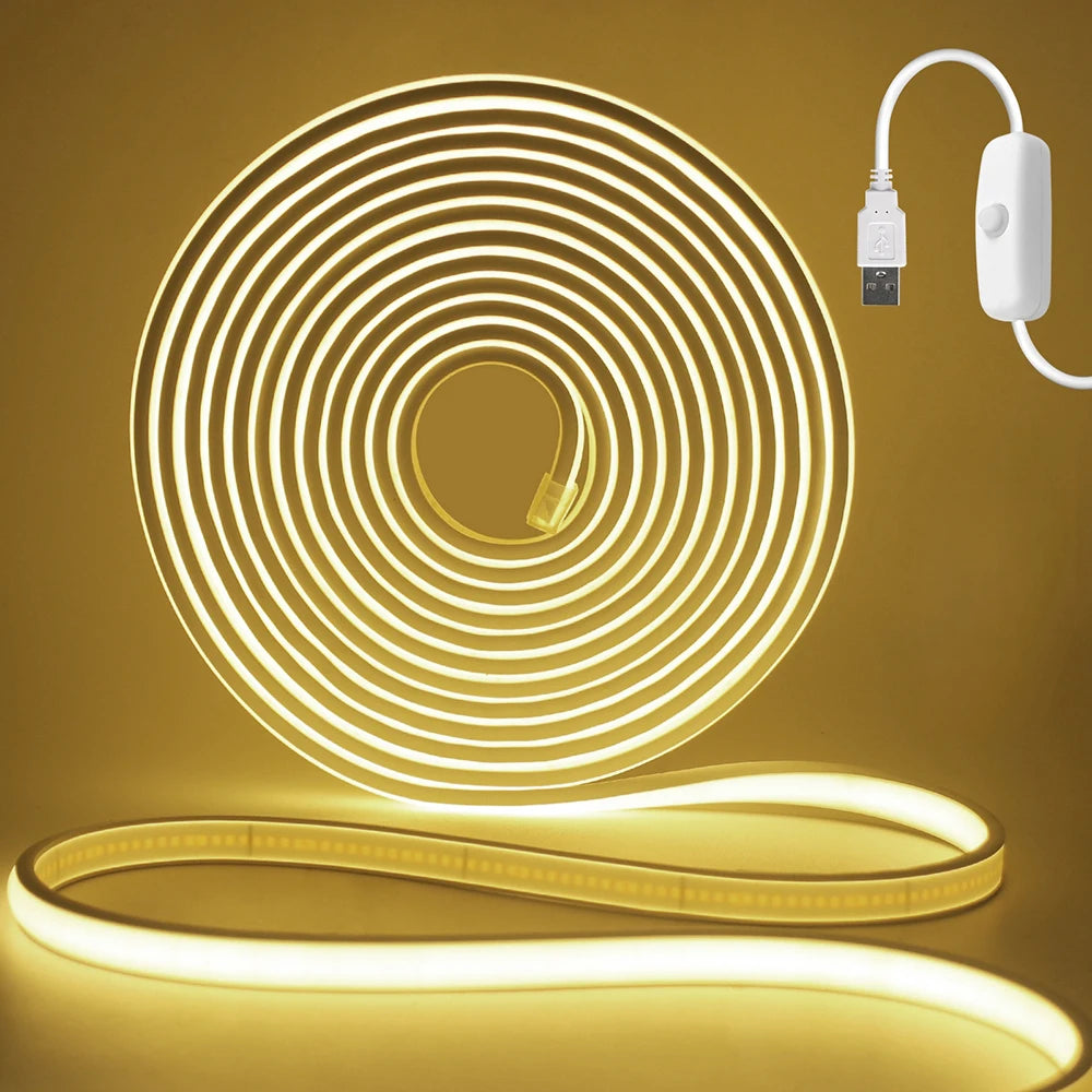 IP68 Waterproof Flexible Neon Rope Light USB COB LED Strip 5V ON OFF Switch 320 LEDs/m Natural Warm White 0.5m 1m 2m 3m 4mm 5m