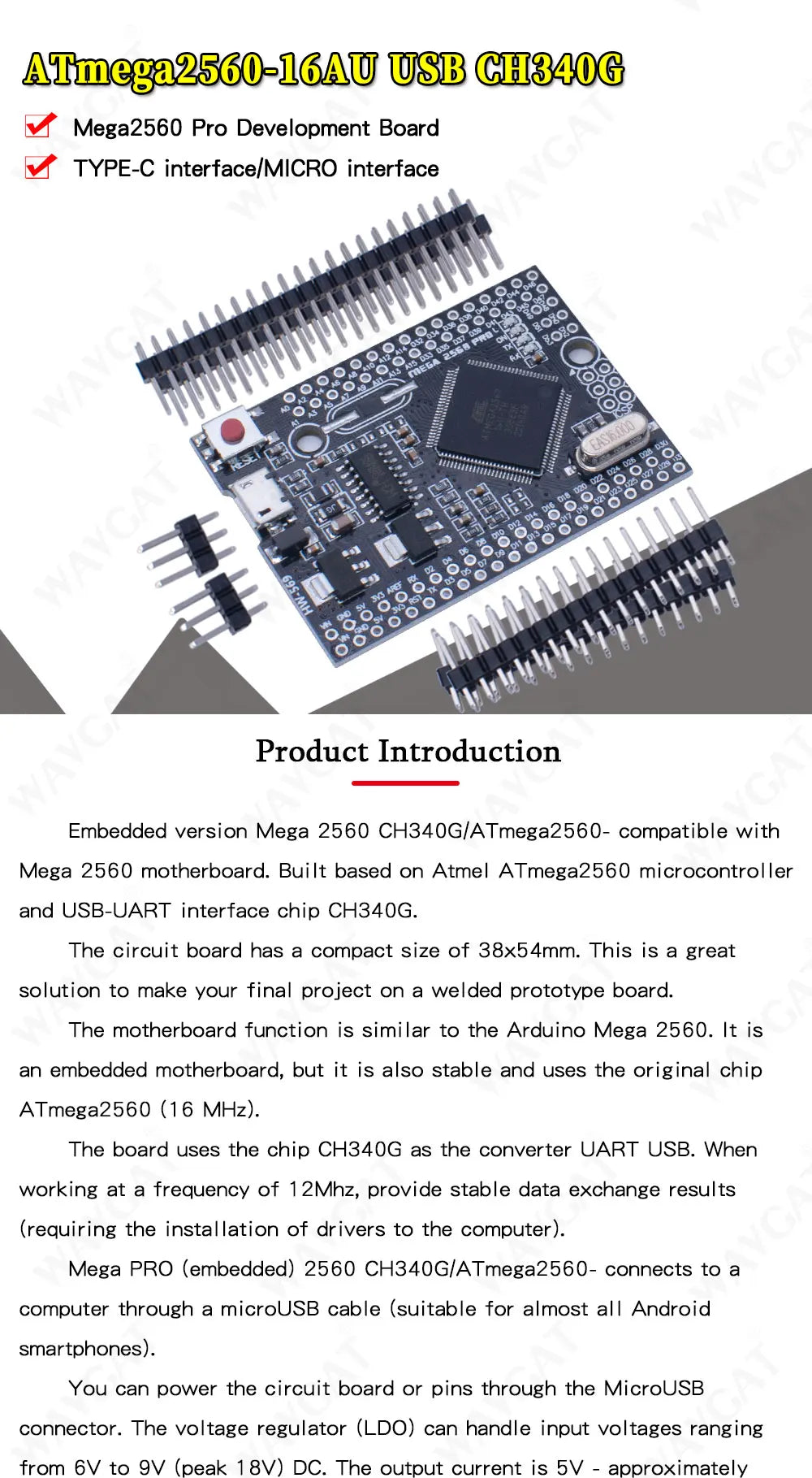 Mega 2560 PRO MINI  Micro 5V (Embed) CH340G ATmega2560-16AU with male pinheaders Compatible for arduino Mega