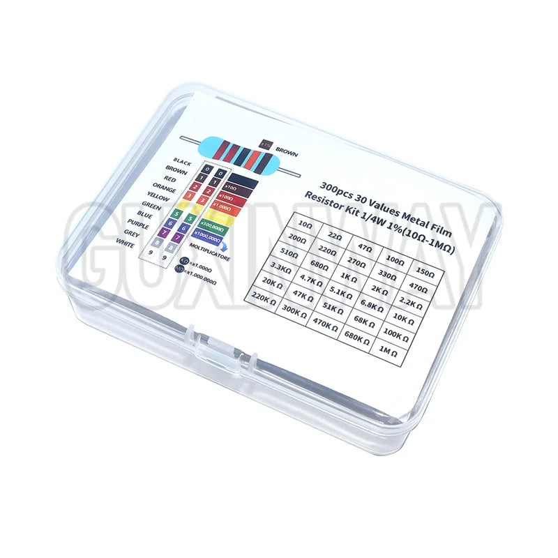 300/600PCS 1/4W Metal Film Resistor kit 1% 30 values 0.25W Resistors Kit 10Ω~1MΩ colored ring resistance Electronic Kit