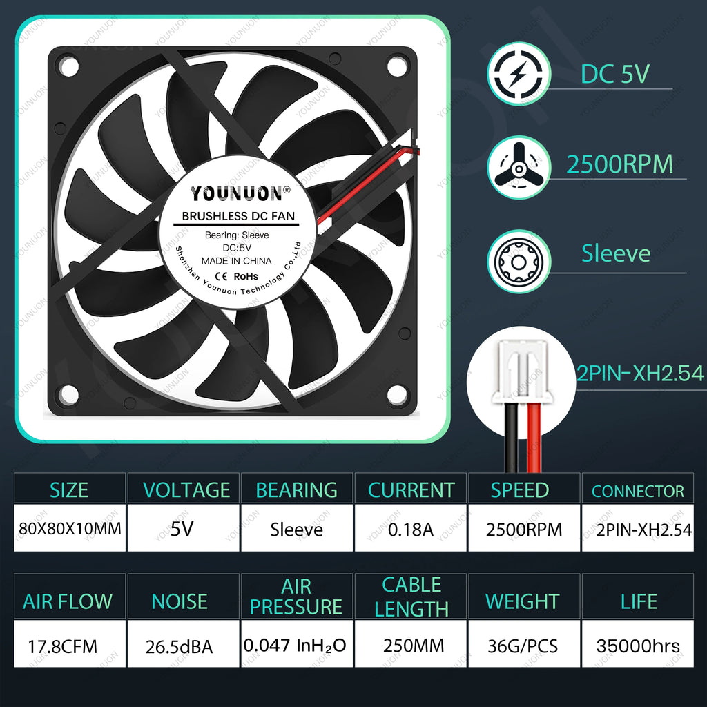 YOUNUON 80MM Fan 5V USB Fan 80x80x10mm 8cm DC 5V 12V 24V 8010 Fan Brushless Cooling Cooler PC Fan Computer Case  Fan Cooler