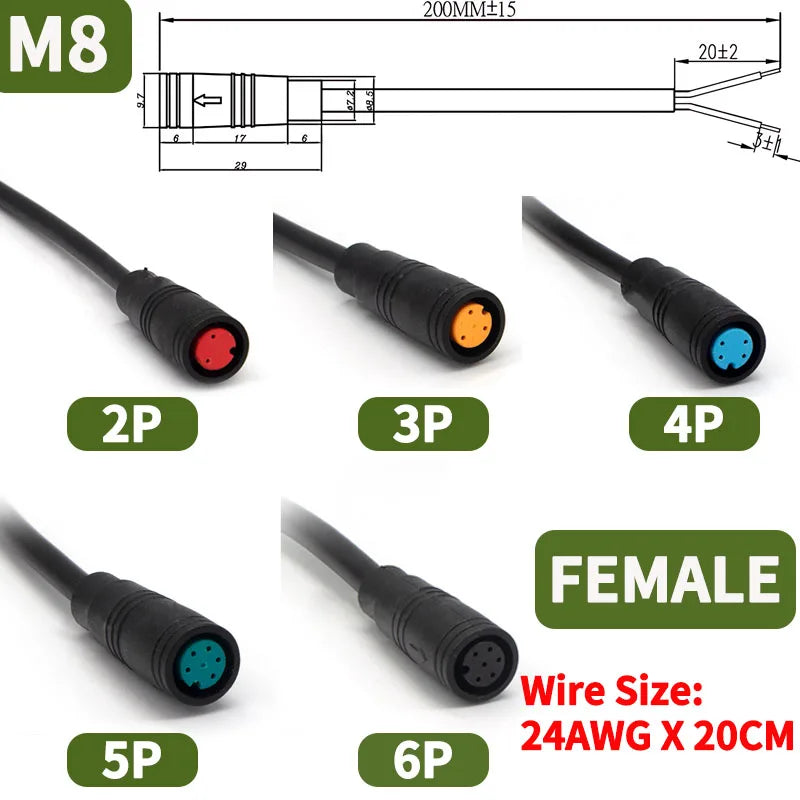 5/10 Set M6/M8 Julet Electric Butt Plug Connectors - 2/3/4/5/6 Pin, for Scooter Brake Cable & Signal Sensor (20CM)