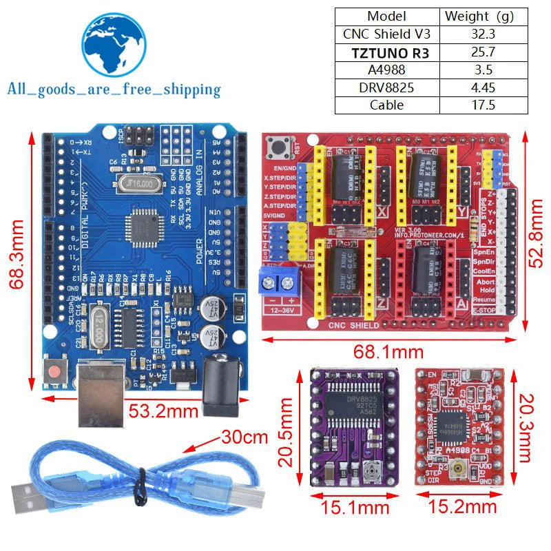TZTUNO R3 Shield V3 Engraving Machine 3D Printe+ 4pcs DRV8825 Or A4988 Drive Expansion Board For Arduino With USB Cable