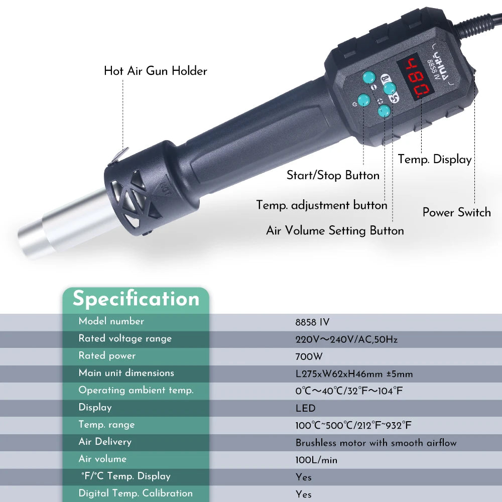 YIHUA Hot Air Gun Temperature Adjustable 8858-IV 700W Soldering Rework Welding Station LCD Digital Heat Gun BGA IC Solder Tools