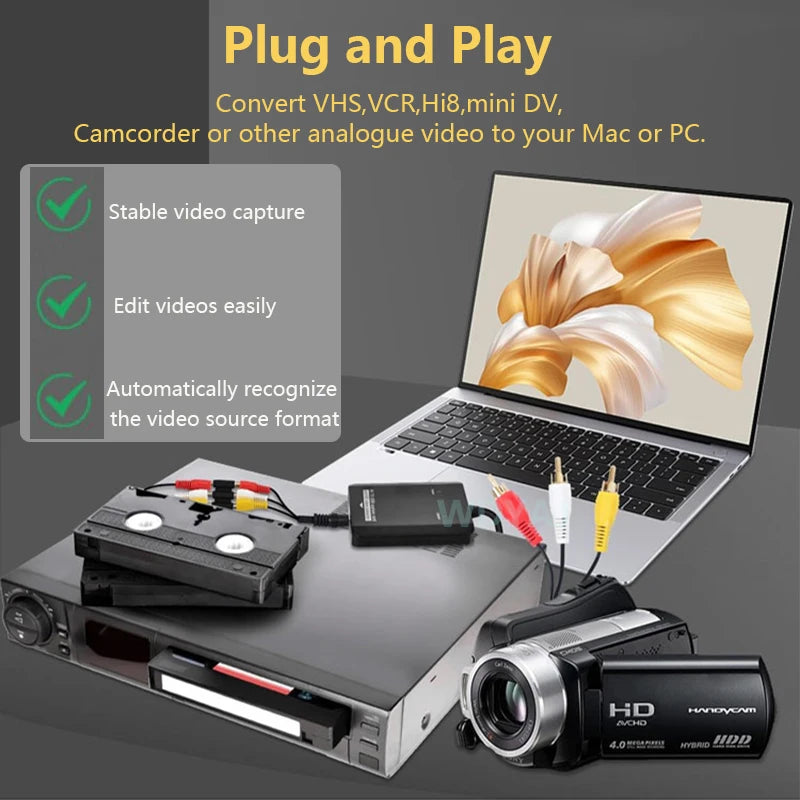 VHS to Digital Converter RCA to HDTV Adapter USB Video Capture Card for VCR/DVD/AV/PS2/Wii, Windows Mac Linux AV to HDTV