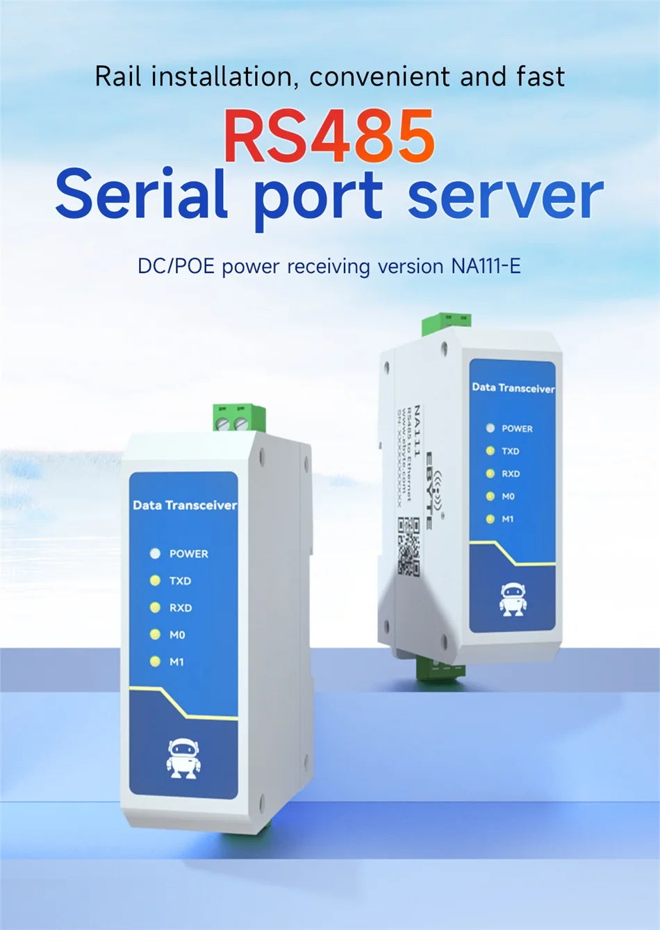Ethernet Serial Sever RS485 to RJ45 Rail Industrial Standard AC/DC/POE Data Transmission Transceiver CDEBYTE NA111 Series