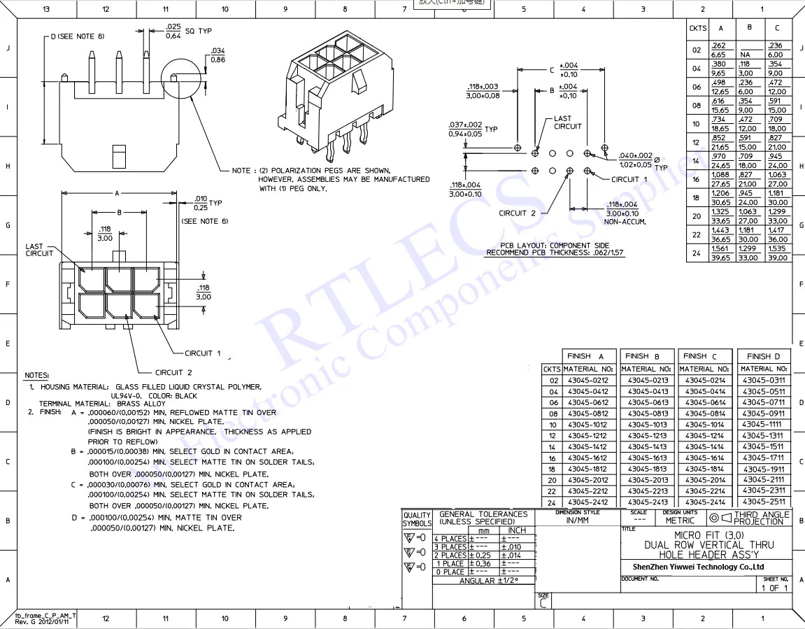 10-500 Pcs PCB Male Header Pin Vertical Through Hole 2 4 6 8 10 12 14 16 18 20 24 Circuits Molex 43045 Micro-Fit 3.0 mm Dual Row