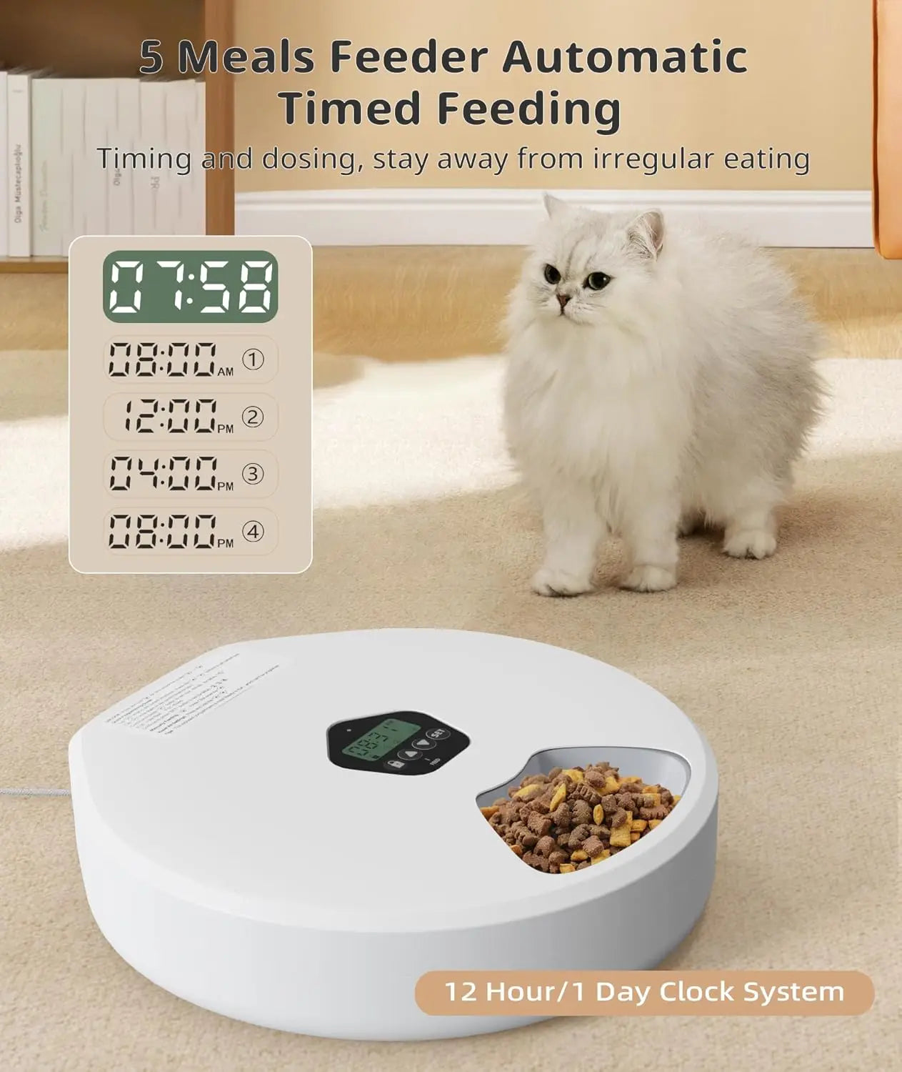 Automatic Cat Feeder 5 Meals Programmable Timer Rechargeable with 2 Ice Packs for Kitten Small Dog Pet Food Dispenser