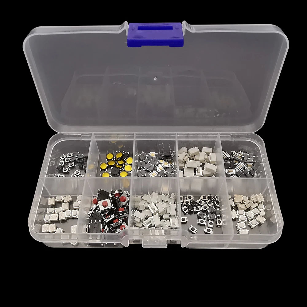 250Pcs Micro Tactile Tact Push Button Switch Assorted Kit 2P 4 Pin SMD PCB Momentary Self-reset Car Remote Control Switch Repair