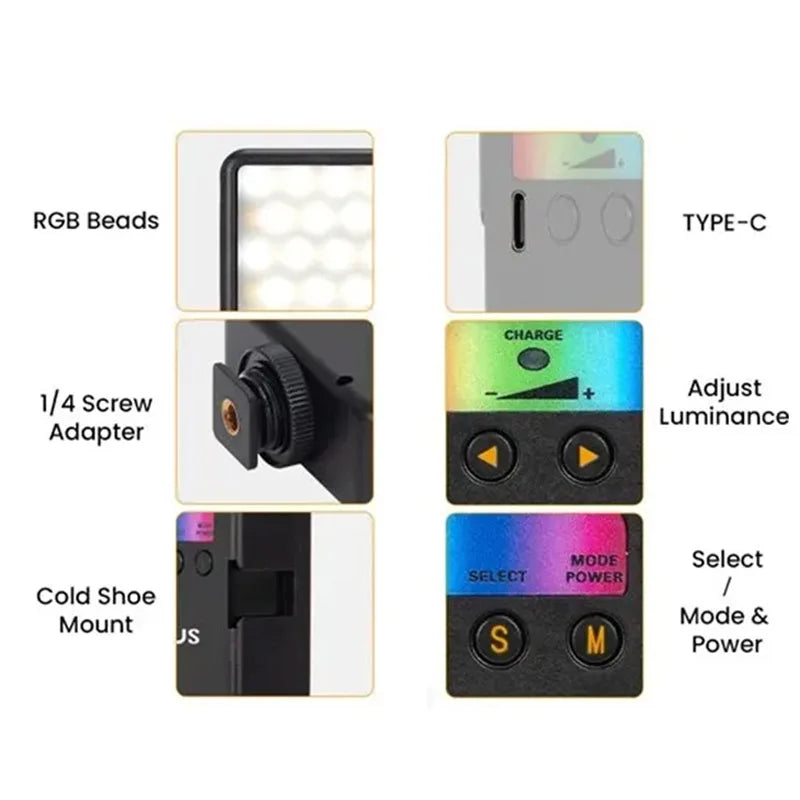 Portable Full Color RGB LED Video Light 2500K-7000K 800LUX Mini Fill 3 Cold Shoe 1800mAh Type-C Pocket Camera Hot Shoe Light