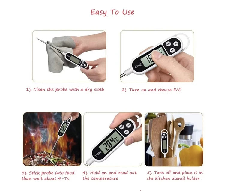 Probe Type Meat Thermometer Digital Kitchen Thermometer Cooking Milk Food BBQ TP300 Electronic Food Temperature Gauge Tools