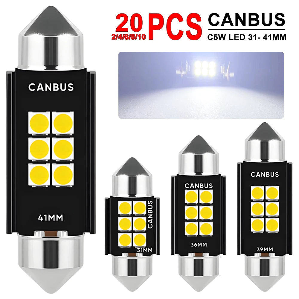 2-20 PCS C10W C5W LED Bulb CANBUS Festoon 31/36/39/41mm 12V 24V 3030-6SMD 6500K White Car Interior Dome License Plate Lights