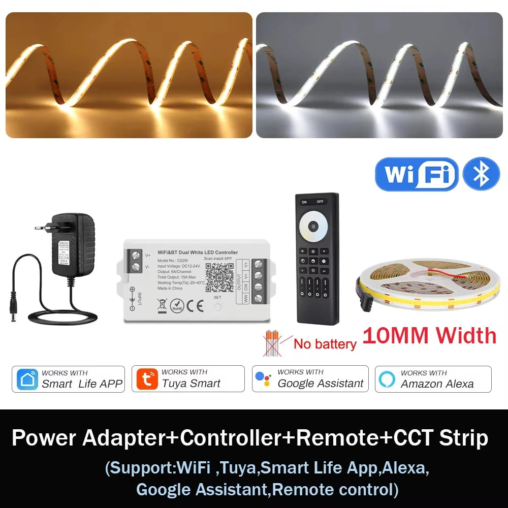 1-10M CCT 2700K-6500K Dimmable LED Strip 5mm 10mm COB LED Strip Light CCT Strip Tuya WiFi Controller Linear LED Tape With Dimmer