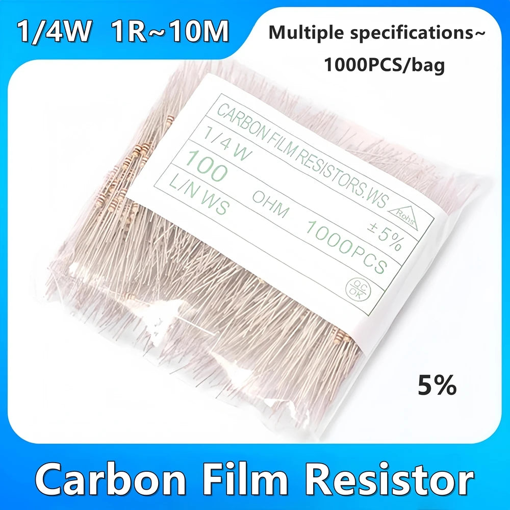 1000PCS 1/4W Carbon Film Resistor 5% 1R 1M 10R 100R 220R 330R 1K 2.2K 3.3K 4.7 6.8K 9.1 10K 22K 47K 100K 100 220 330 470 910 Ohm