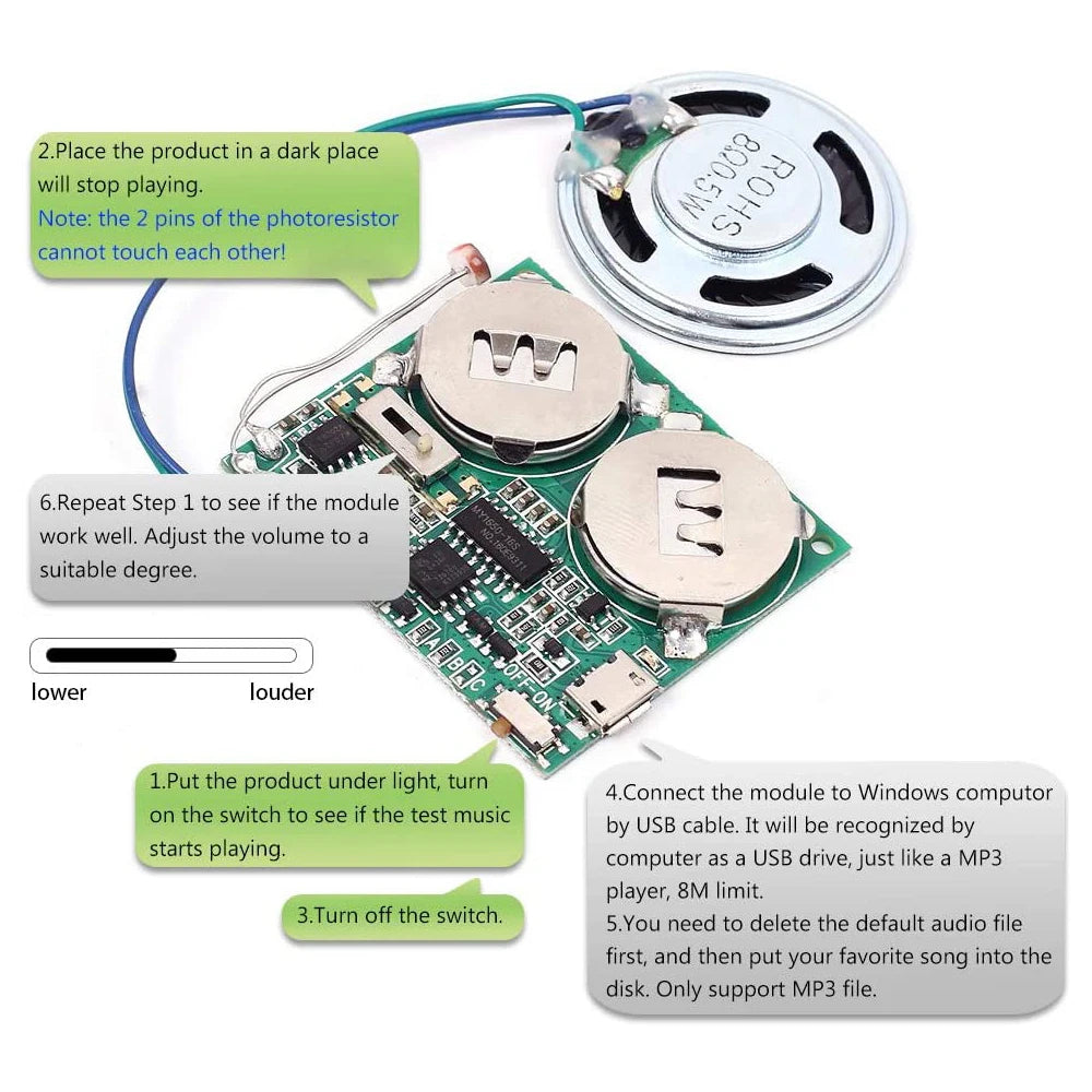 DIY Light Sensor Sound Module Micro USB Recordable Sound Chip 8M Memory Speaker Talking Programmable Music Player Box