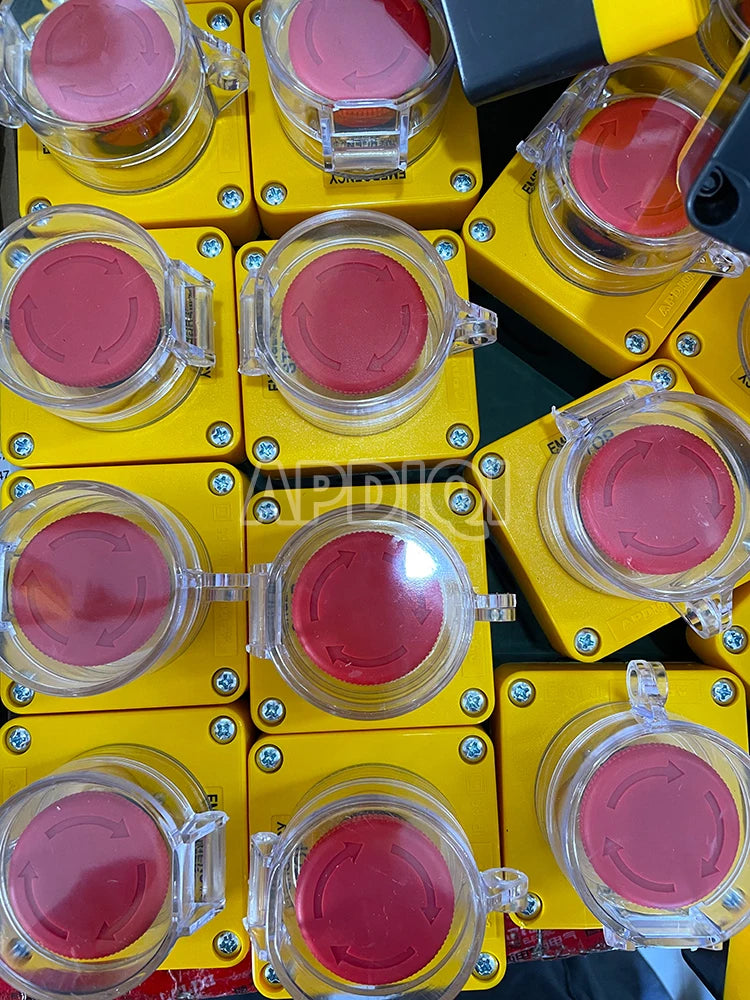 One Hole Waterproof Plastic Emergency Stop Mushroom Head Yellow AK1 Push Button Box Switch Elevator ES542 22mm IP65 Dustproof