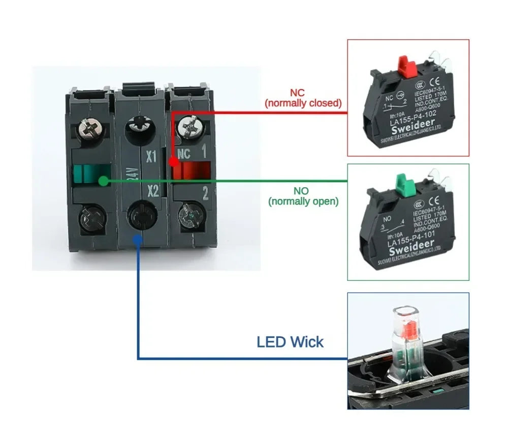XB4 Double Button Switch with Light 22mm Emergency Stop Button Switch Momentary Self Reset Mushroom Power Push Button Switch 10A