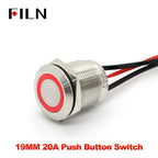 FILN 19MM 20A 12V 24V 110V 220V LATCHING MOMENTARY Flat Ring Round Push Button Switch IP66 Metal Stainless Steel  with 20cm Wire