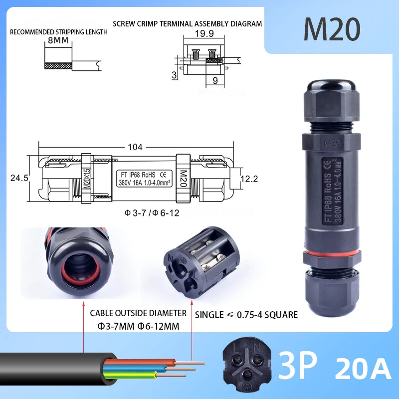 IP68 Waterproof Connector Outdoor LED Lighting Sealed Connector  Assembly Type Wire And Cable Quick Terminal Connector 2/3/4/5P