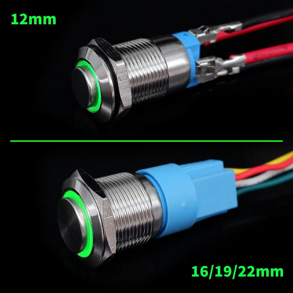 12 16 19 22 mm Metal Push Button Switch with Wire On Off PC Power High Head 12v for Car Momentary Latching Fixed Blue 5V 220V