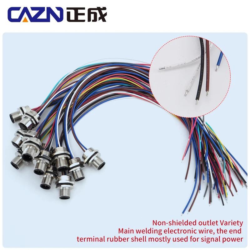 M12 Panel Male Female  Metal Front Mount Socket Solder 4 6 8 12 Pin Receptacle Straight Circular Connectors With 30cm Wires