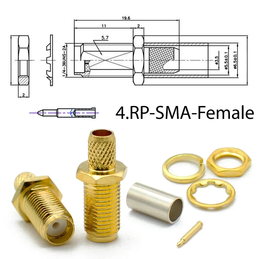 2/10pcs SMA RPSMA Male Plug / Female Jack Bulkhead Crimp RF Coaxial Connector For RG58 LMR195 RG142 RG400 Cable Wire Terminal