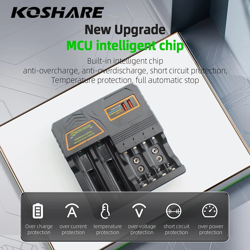 KOSHARE Smart Battery Charger for Rechargeable Ni-MH Ni-CD AA AAA 9V Batteries 18650/16340/26650 14500/21700 Lithium-ion Battery