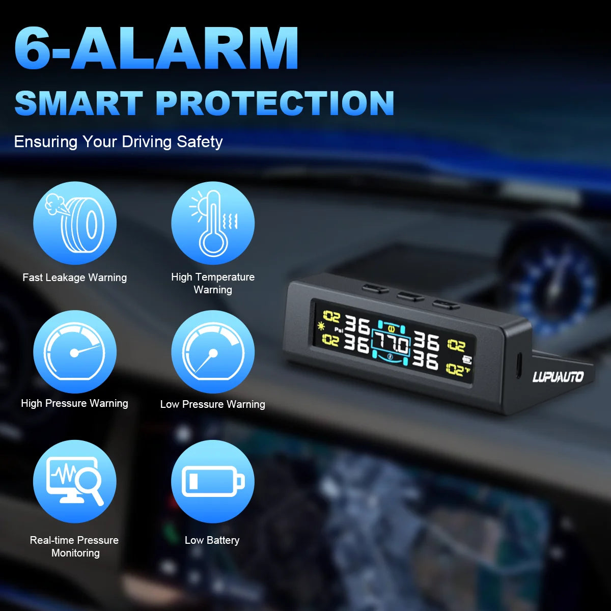 TPMS Solar/USB Charging Digital LCD Display Universal Smart Car TPMS Tyre Pressure Monitoring System 4 Or 6 Sensors Auto Security Alarm Smart Temperature Tire Air Pressure Gauge
