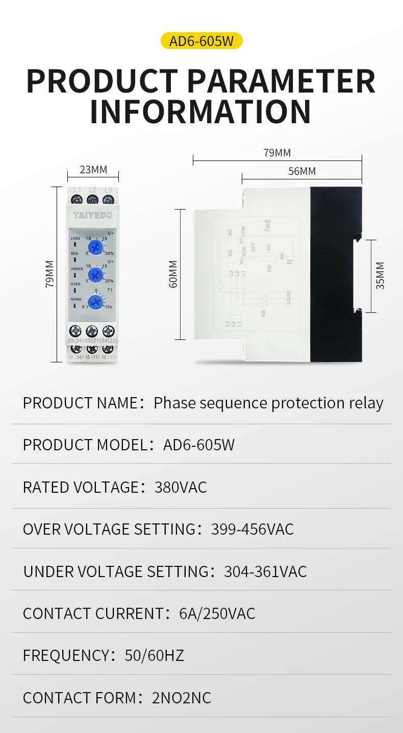 Multifunctional Phase Sequence Protection Relay Overvoltage Undervoltage Phase Failure 380V 200-500VAC