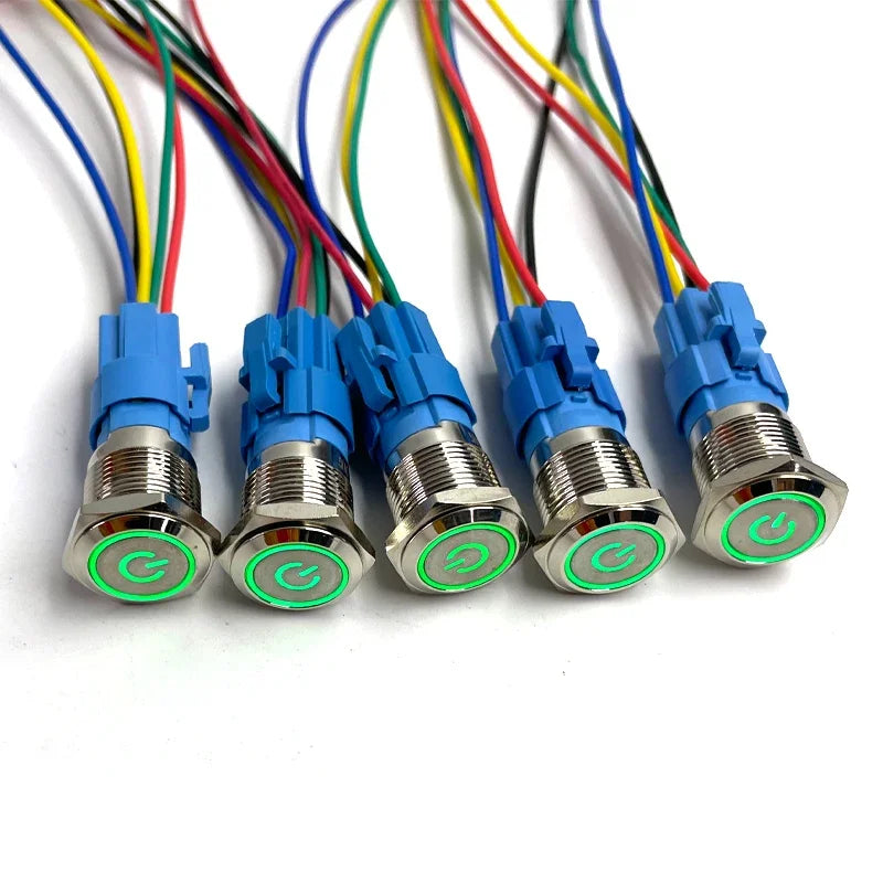 5 pcs Metal Push Button Switch 12v 16mm 19mm 22mm Ring Lamp Power Symbol Waterproof LED Light Self Lock Reset with Connector 220