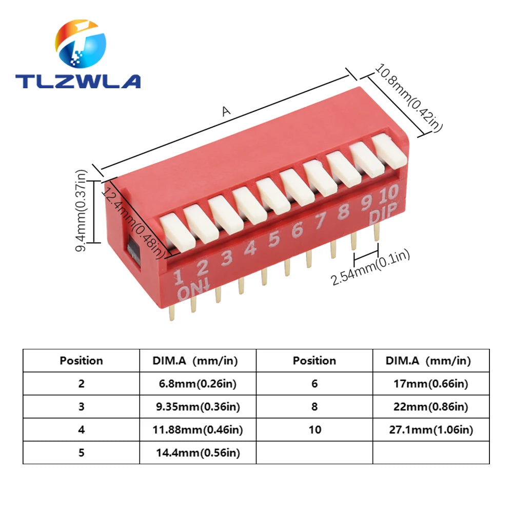 10PCS Slide Type Switch Module 1 2 3 4 5 6 7 8 9 10 12 Bit 2.54mm Position Way DIP Red Blue Pitch Toggle Switch Red Snap Switch