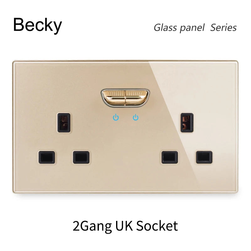146 13a Reset Toggle Tempered Glass 2Gang UK Socket Switch Combination Panel Power Socket Office Hotel Home Villa Decoration