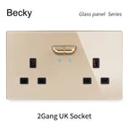 146 13a Reset Toggle Tempered Glass 2Gang UK Socket Switch Combination Panel Power Socket Office Hotel Home Villa Decoration
