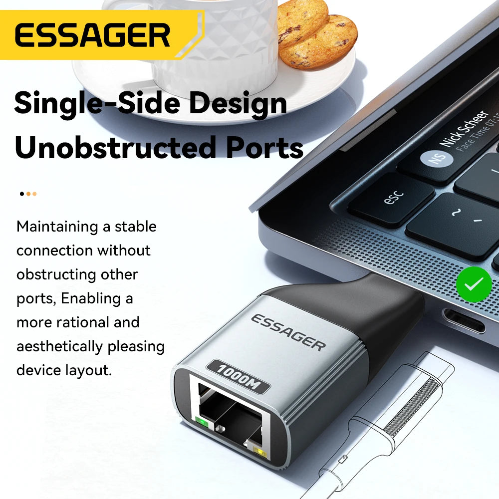 Essager Ethernet Adapter 1000/100Mbps RJ45 To Type C Connector Extender Extension for PC Tablet Laptop Projector Gigabit Adapter